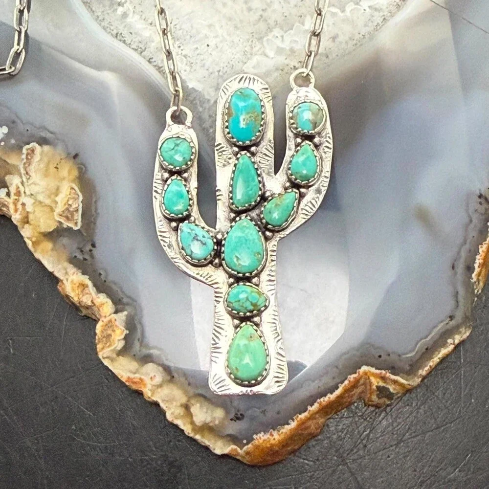 Sterling Southwestern Style Kingman Turquoise Cactus Pendant 22.5